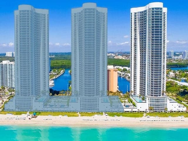The three Trump Towers on the Sunny Isles oceanfront from the air, Tower I picked out on the right