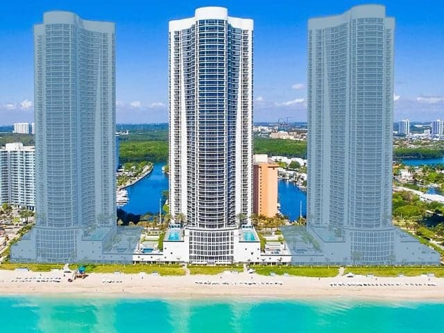 The three Trump Towers on the Sunny Isles oceanfront from the air, Tower II picked out in the centre